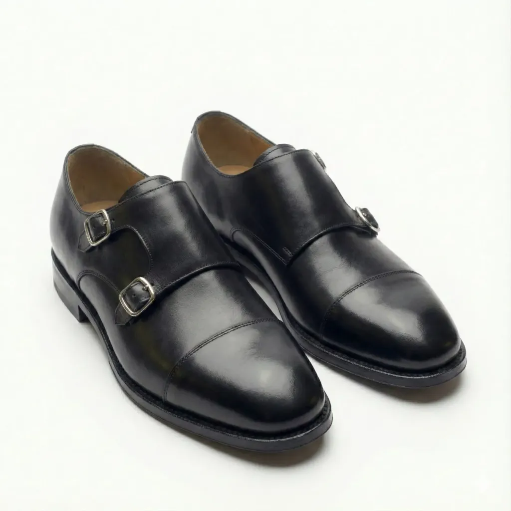 Imperial Black Double Monk Cap-Toe Shoes (US 6 / EU 38 / UK 5)
