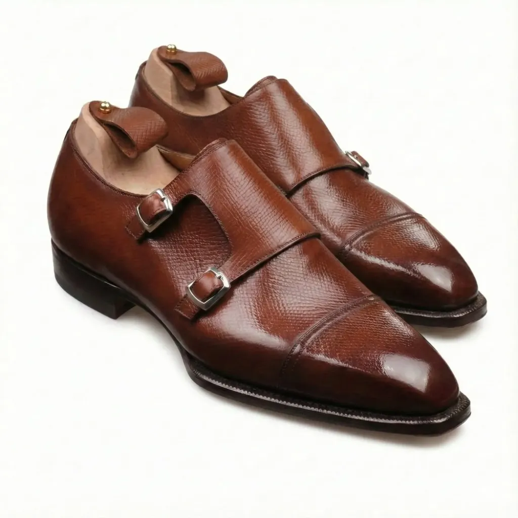 Chestnut Textured Double Monk Shoes — Handcrafted Full-Grain Leather
 (US 6 / EU 38 / UK 5)