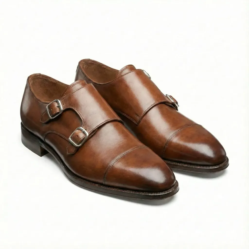 Tan Cap-Toe Double Monk Shoes — Handcrafted Full-Grain Leather (US 6 / EU 38 / UK 5)