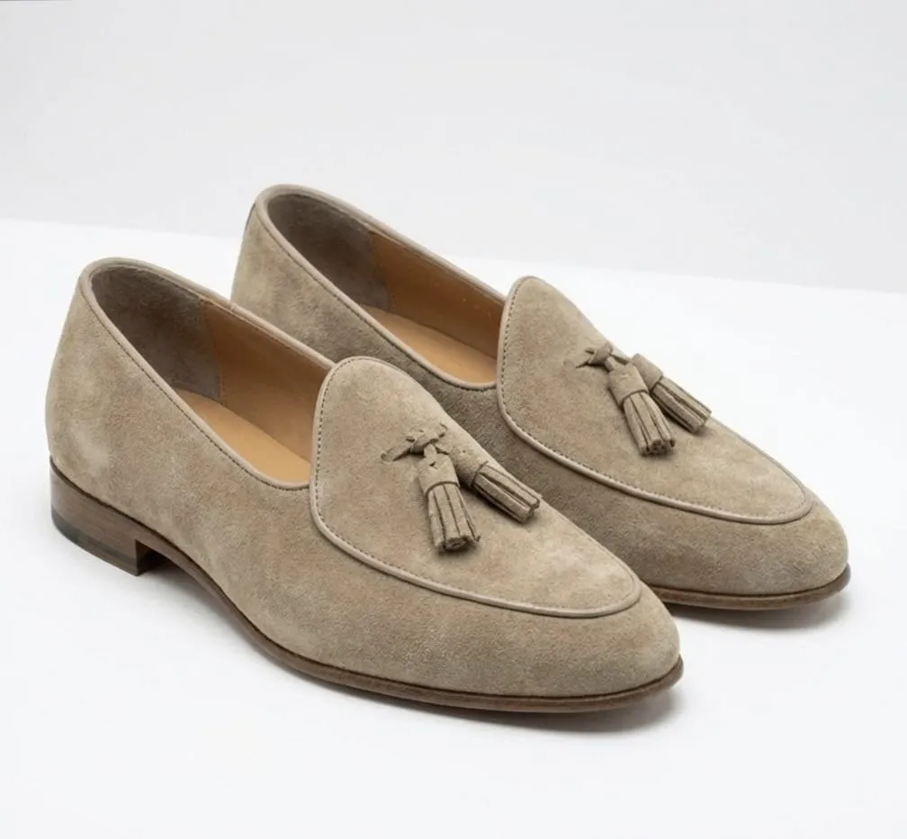
Taupe Suede Tassel Loafers — Hand-Finished (US 6 / EU 38 / UK 5)