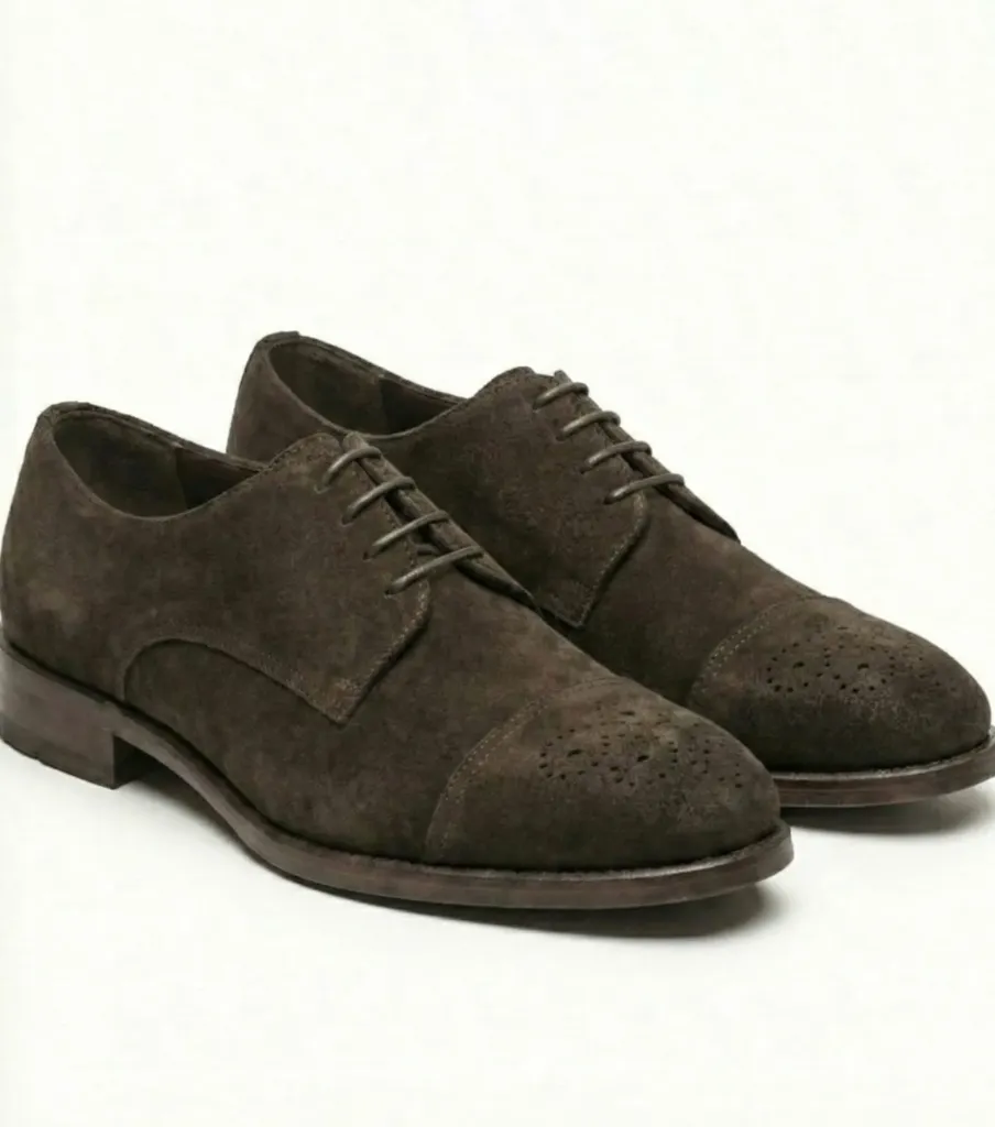 Umber Suede Oxford Shoes — Cap-Toe Brogue Detail (US 6 / EU 38 / UK 5)